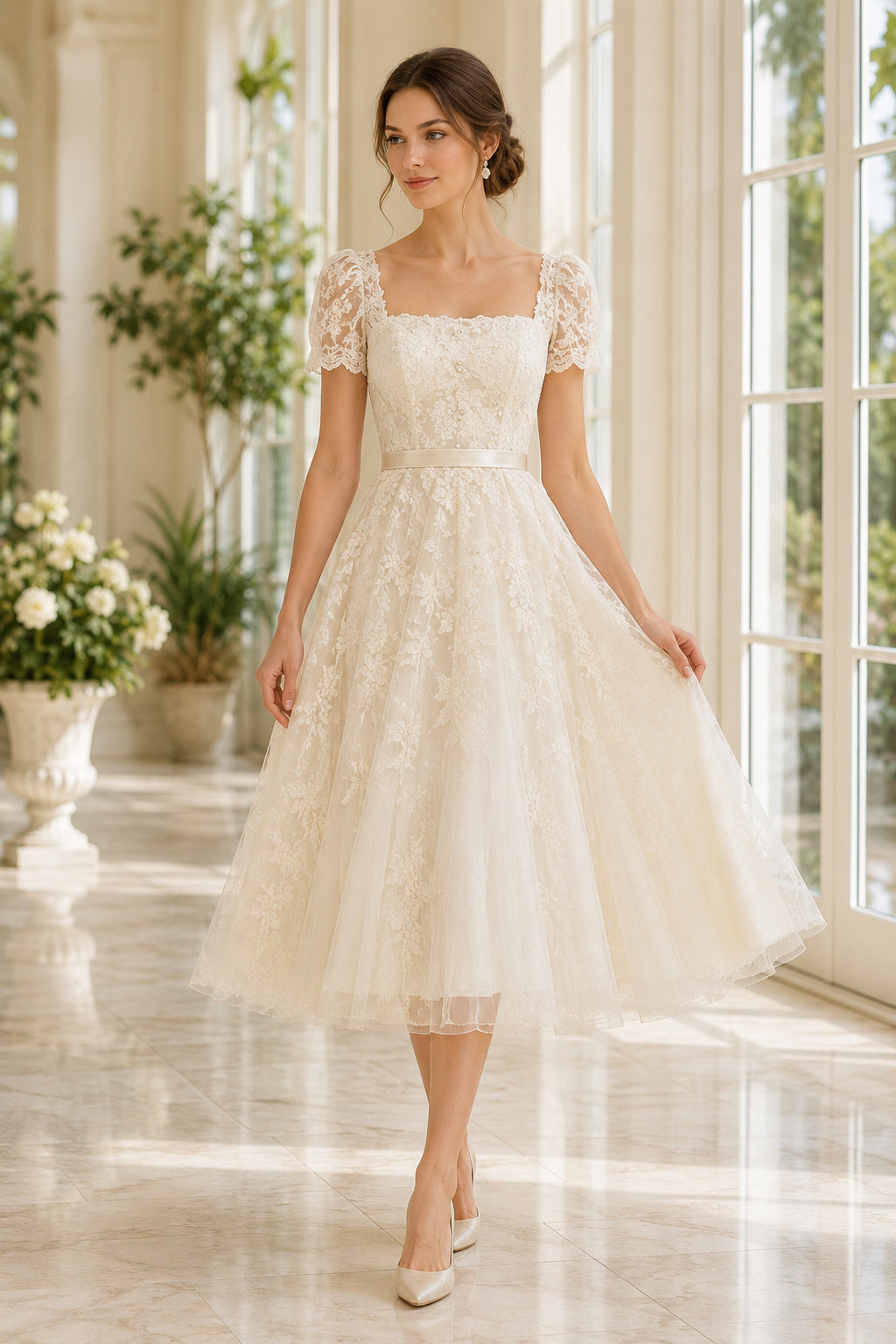Ivory Square Neck Lace Cap Sleeve Tea-Length Wedding Dress with Tulle Skirt front view