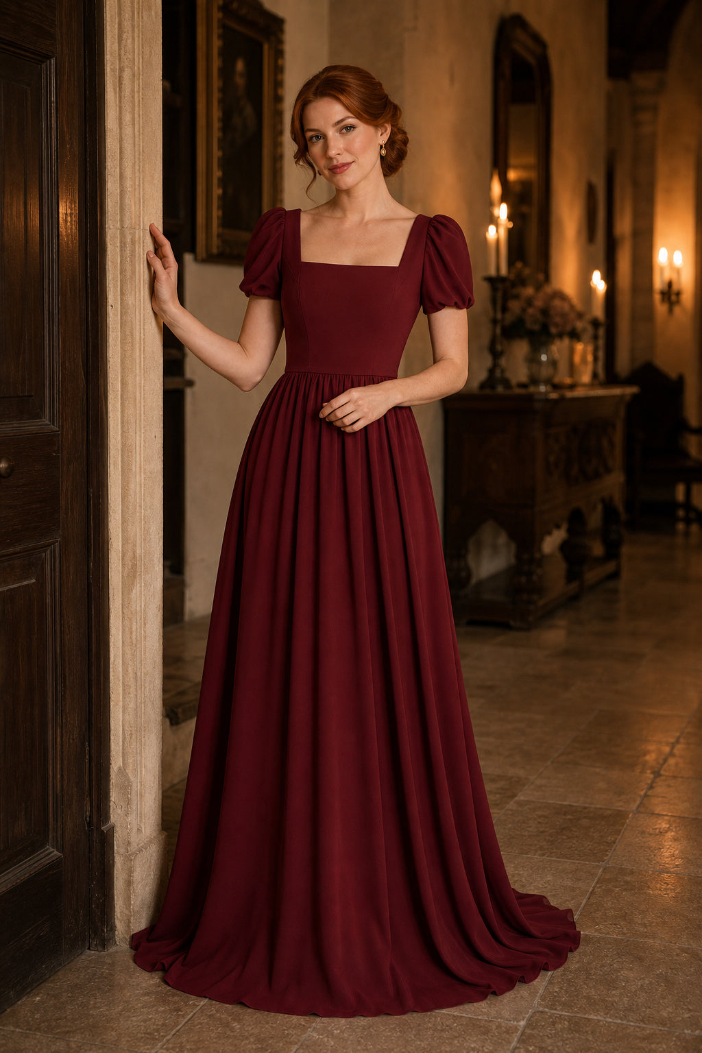 Burgundy Square Neck Short Sleeve A-Line Chiffon Floor-Length Dress