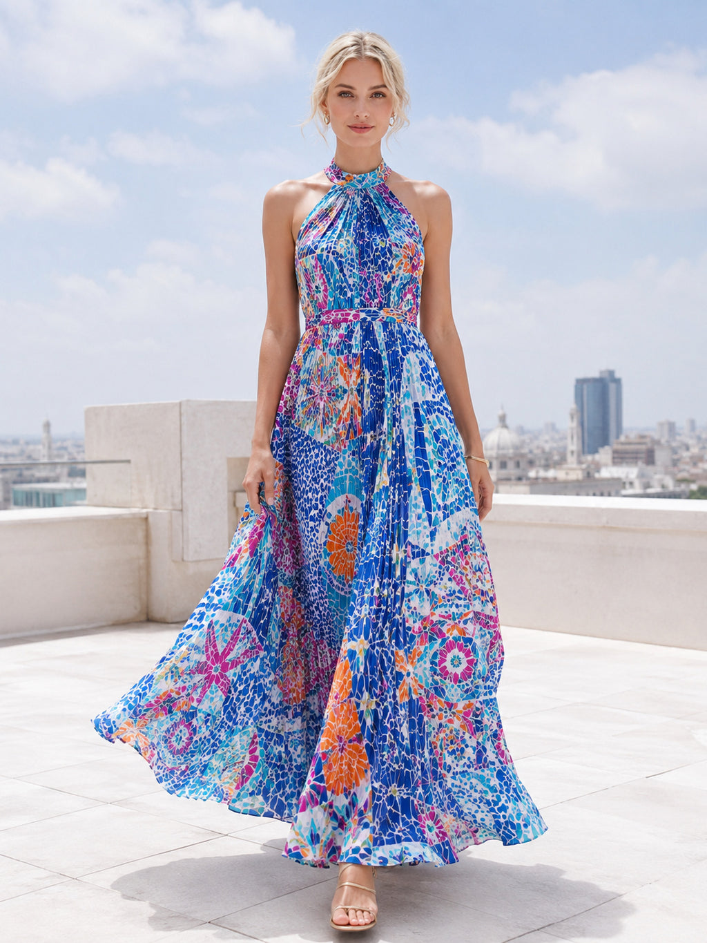 Blue Mosaic Halter Resort Evening A Line Maxi Dress front view