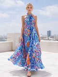 Blue Mosaic Halter Resort Evening A Line Maxi Dress front view