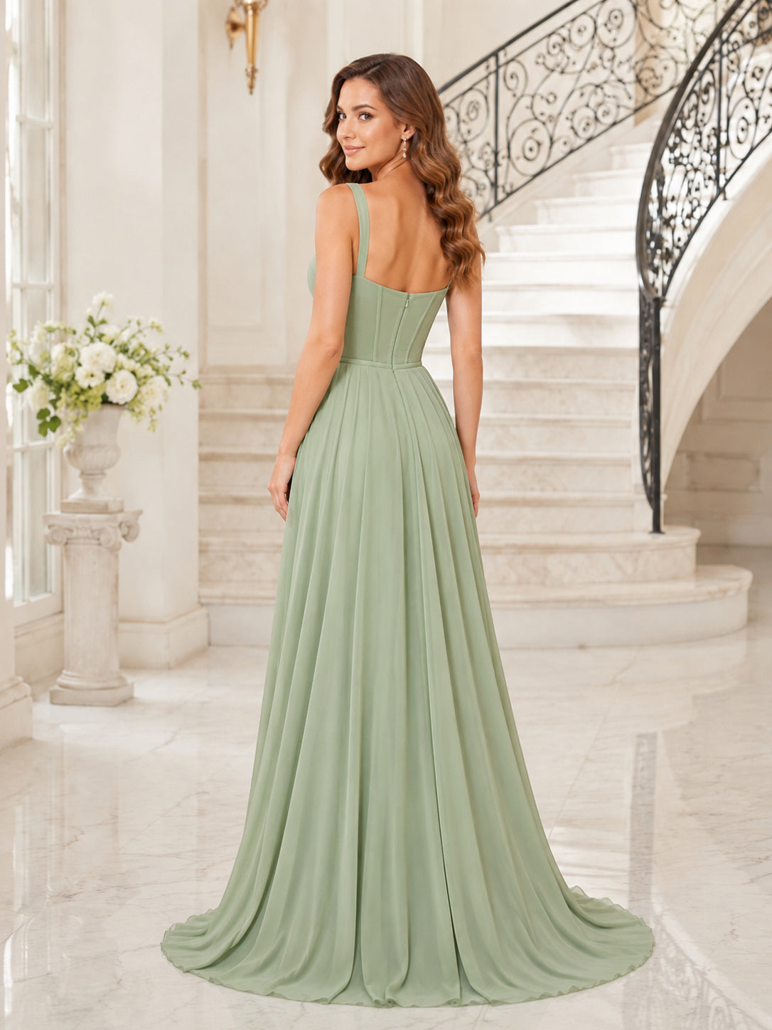Sage Sweetheart Spaghetti Strap Chiffon A-Line Floor Length Prom Dress back view