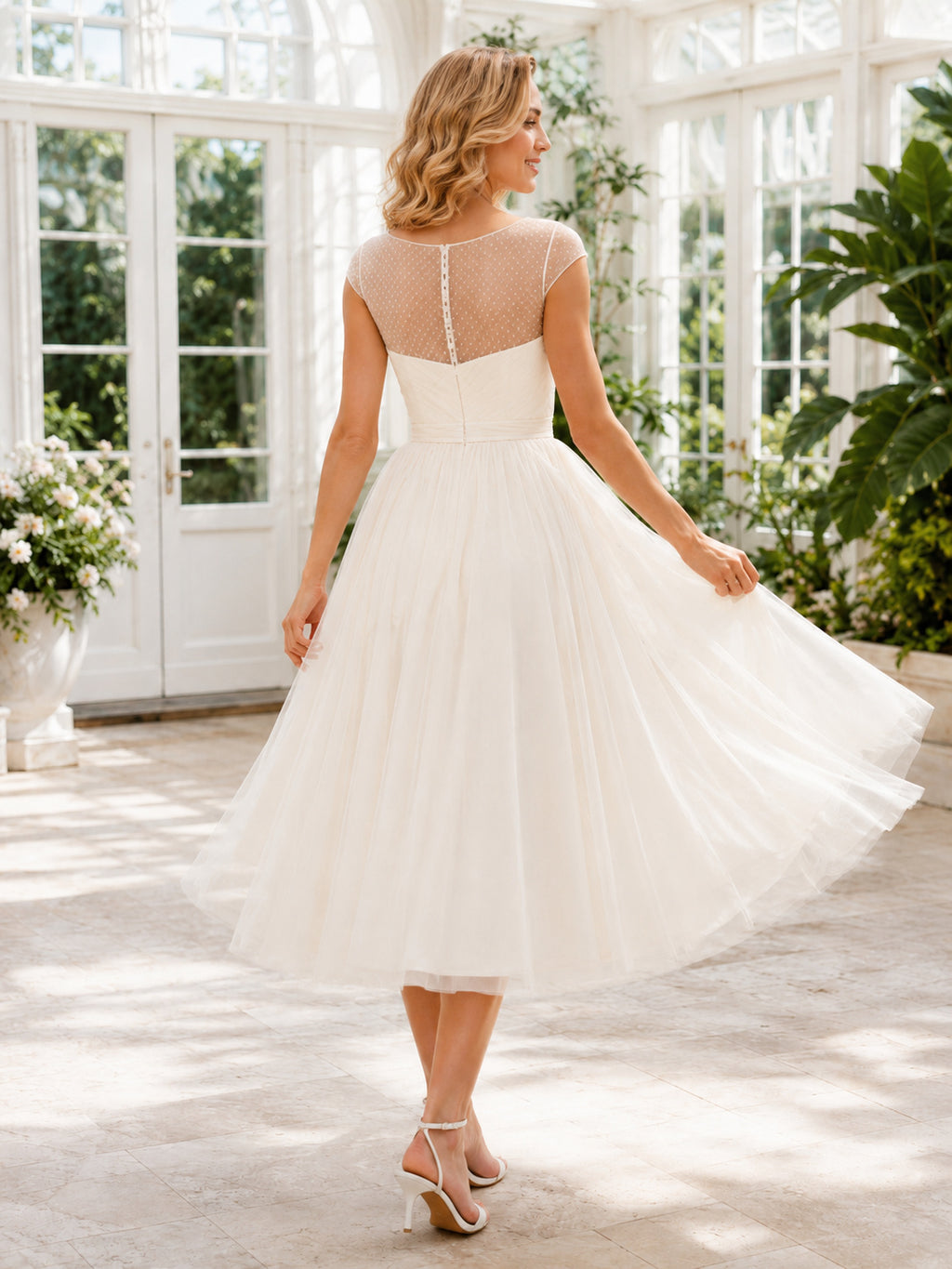 Vintage Tulle Wedding Dress A-Line Sweetheart Sleeveless Tea Length Bridal Gown back view
