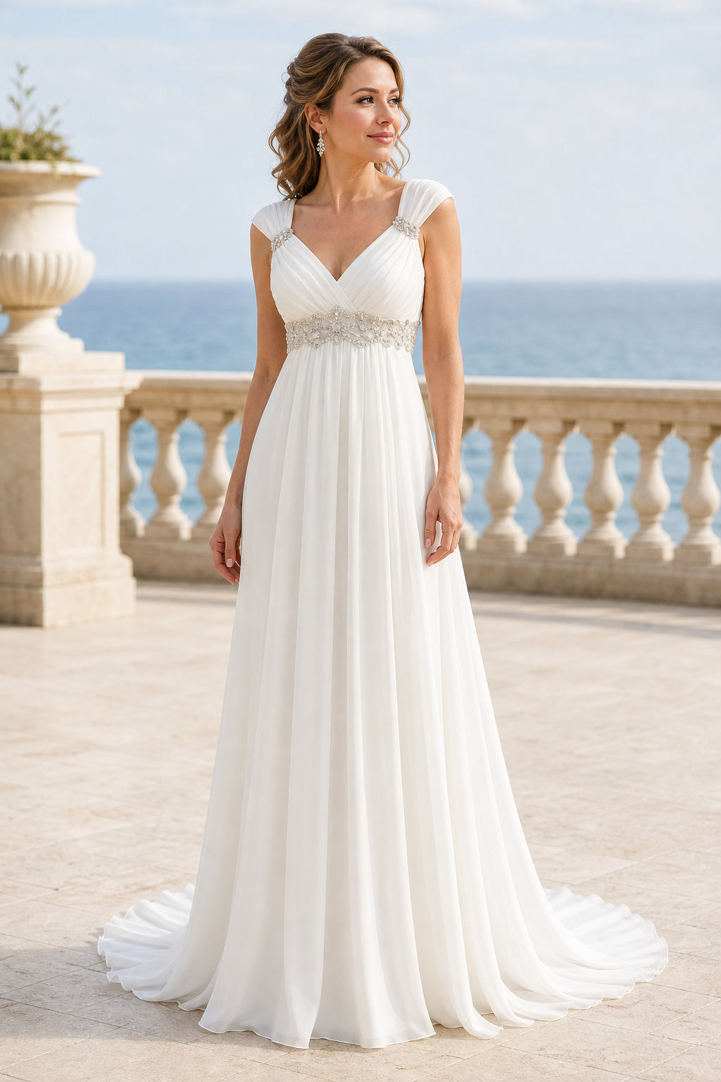 White Illusion Flutter Sleeves A-Line Lace Floor-length Wedding Dress With Lace and Beaded Bodice
