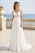 White Illusion Flutter Sleeves A-Line Lace Floor-length Wedding Dress With Lace and Beaded Bodice