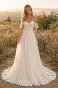 Off the Shoulder A-Line Wedding Dress with Lace Bodice and Scalloped Tulle Train front view