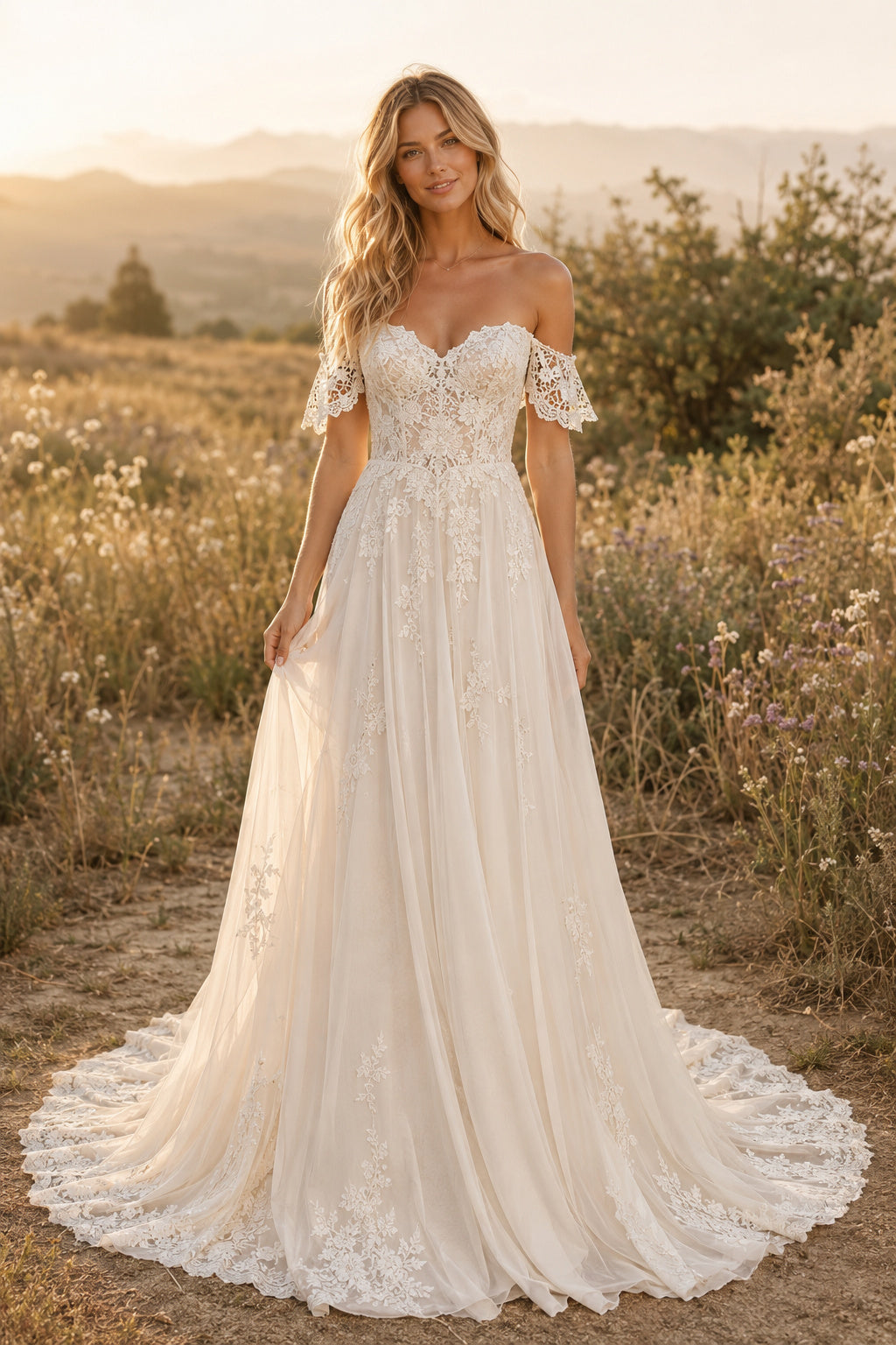 Off the Shoulder A-Line Wedding Dress with Lace Bodice and Scalloped Tulle Train front view