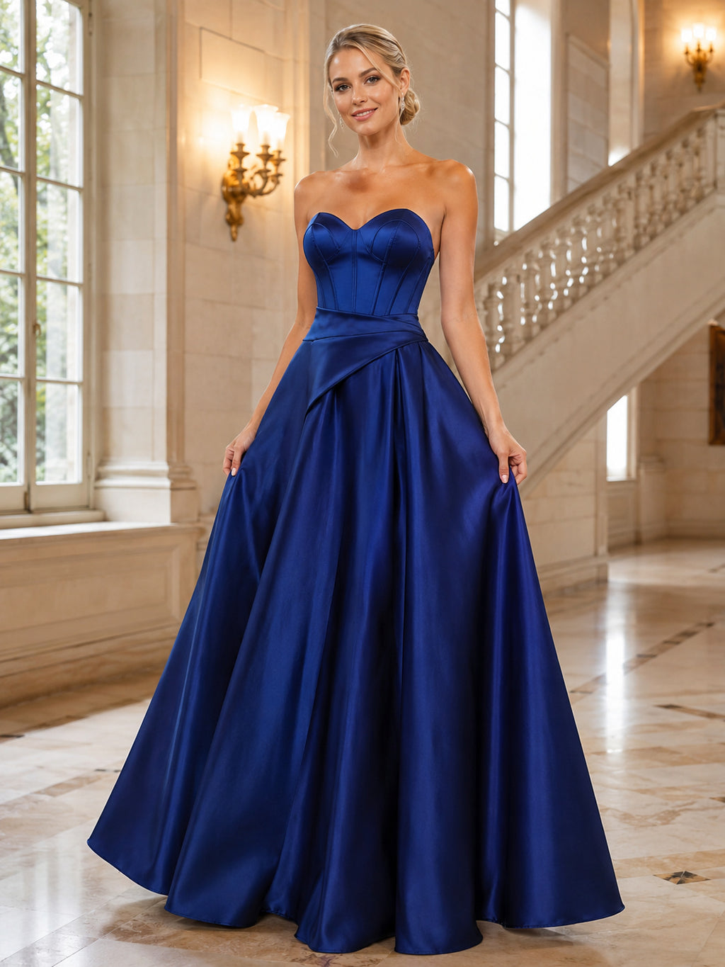 Royal blue satin strapless sweetheart ball gown dress front view