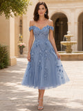 Steel Blue Off-the-shoulder 3D Floral Applique Dress front view