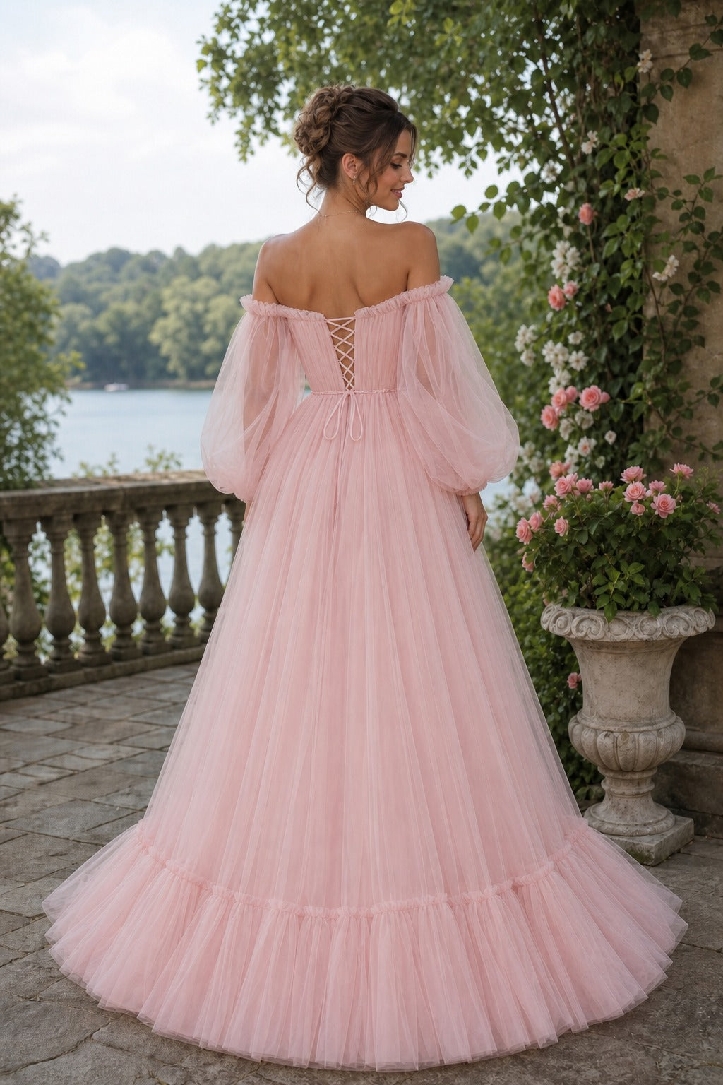 Blush Off-the-Shoulder Tulle Ball Gown