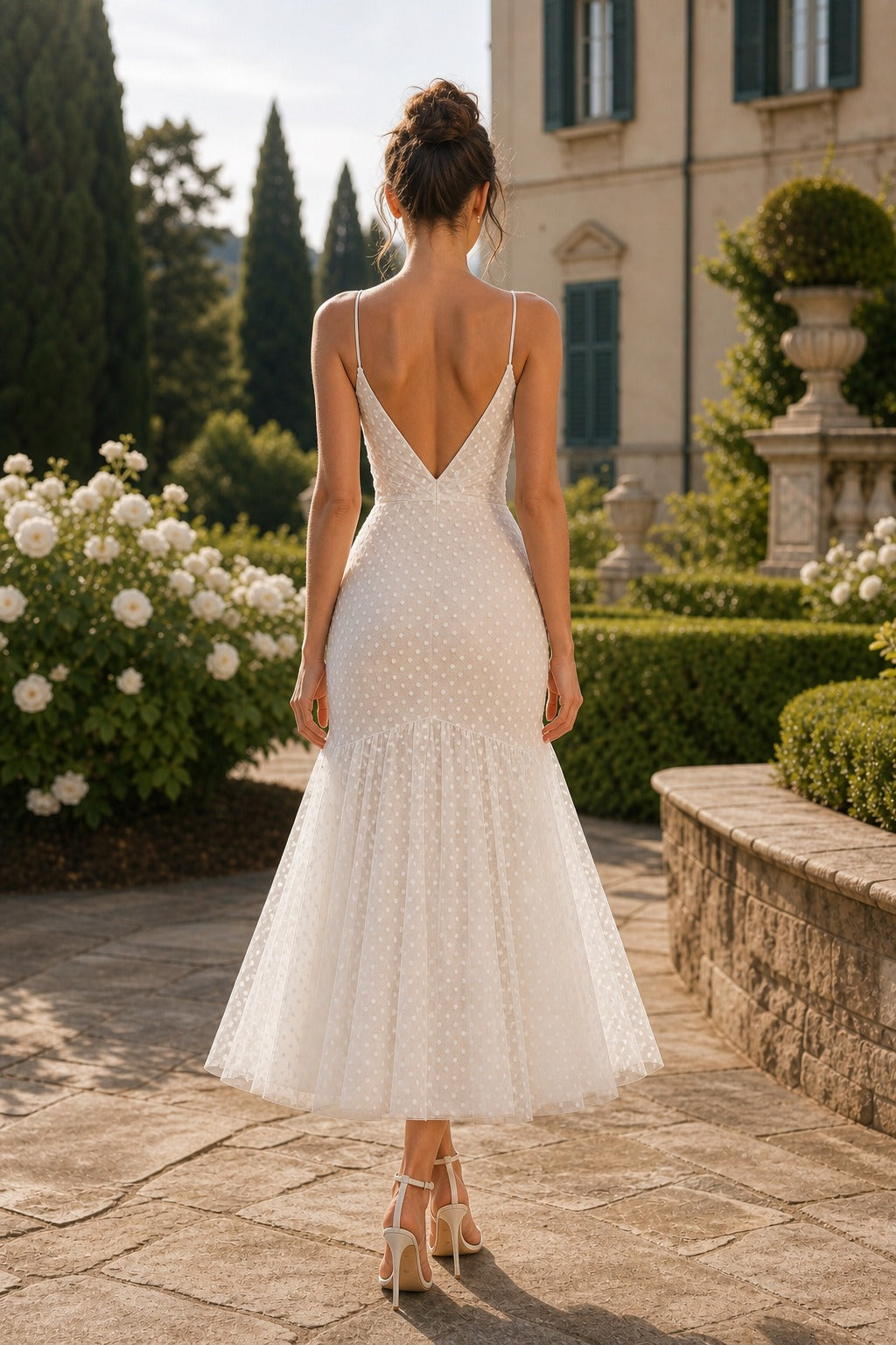 White V-Neck Tea-Length Tulle Fit-and-Flare Dress