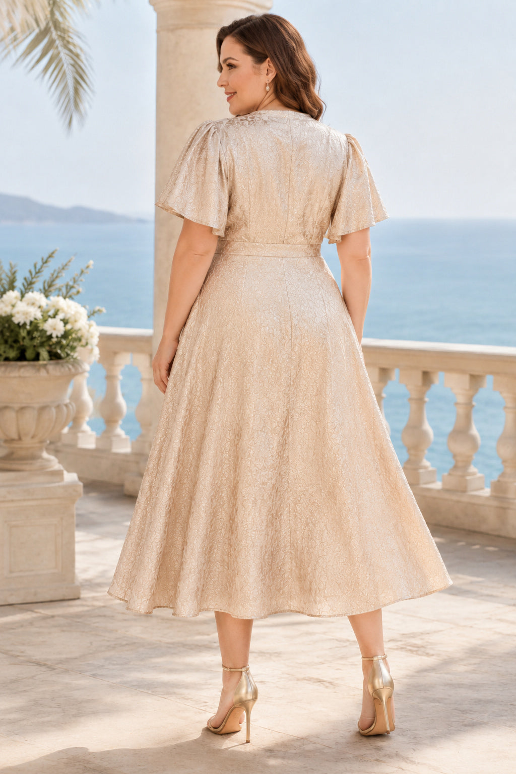 Champagne Plus Size V-Neck Jacquard Tea-Length Dress back view