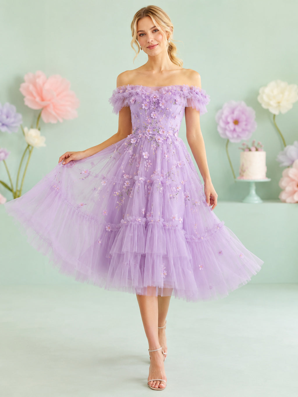 Lilac Off Shoulder Tiered Tulle Birthday Party Dress front view