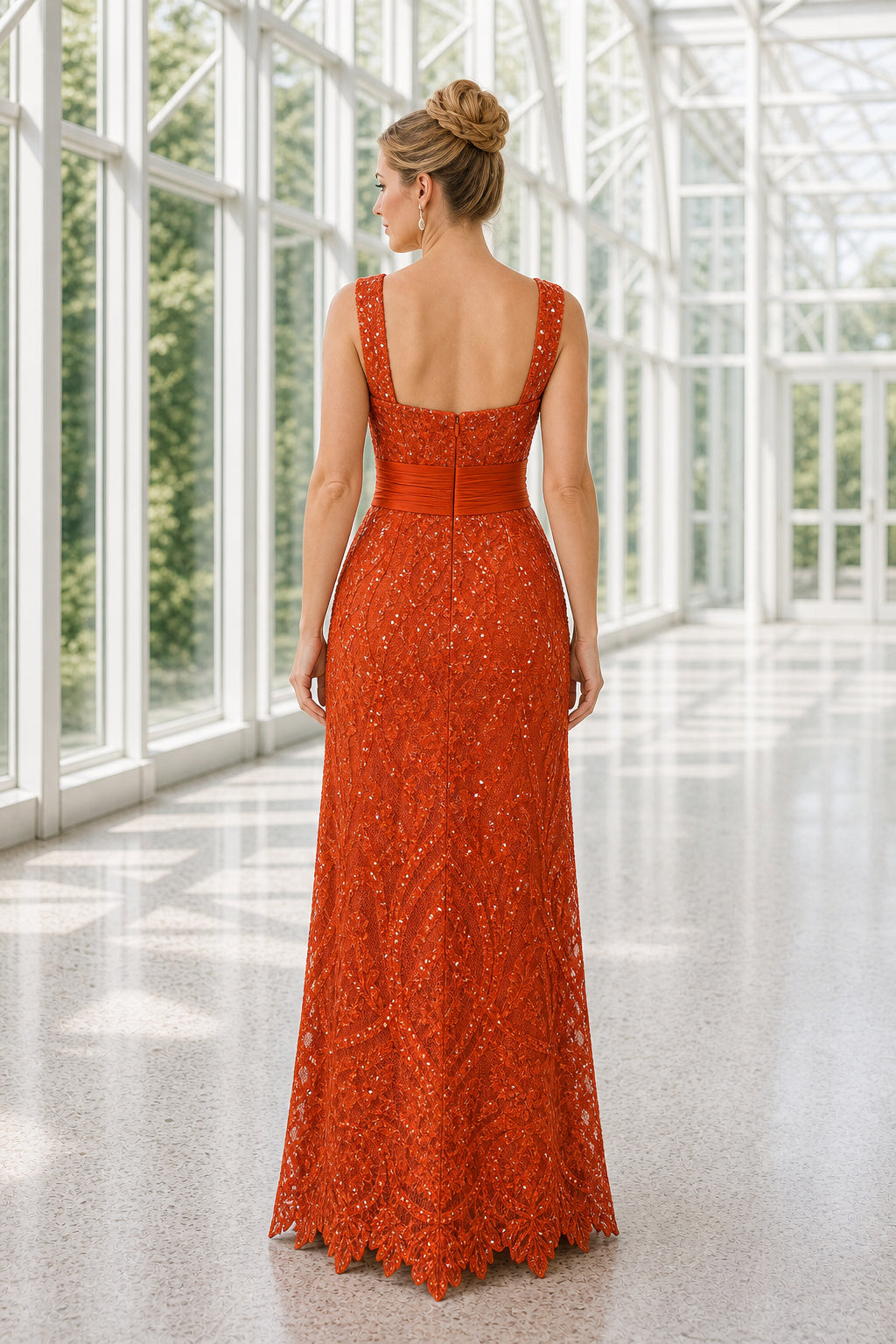 Rust V-neck Sleeveless Sheath Lace Floor-Length Dress With V-back