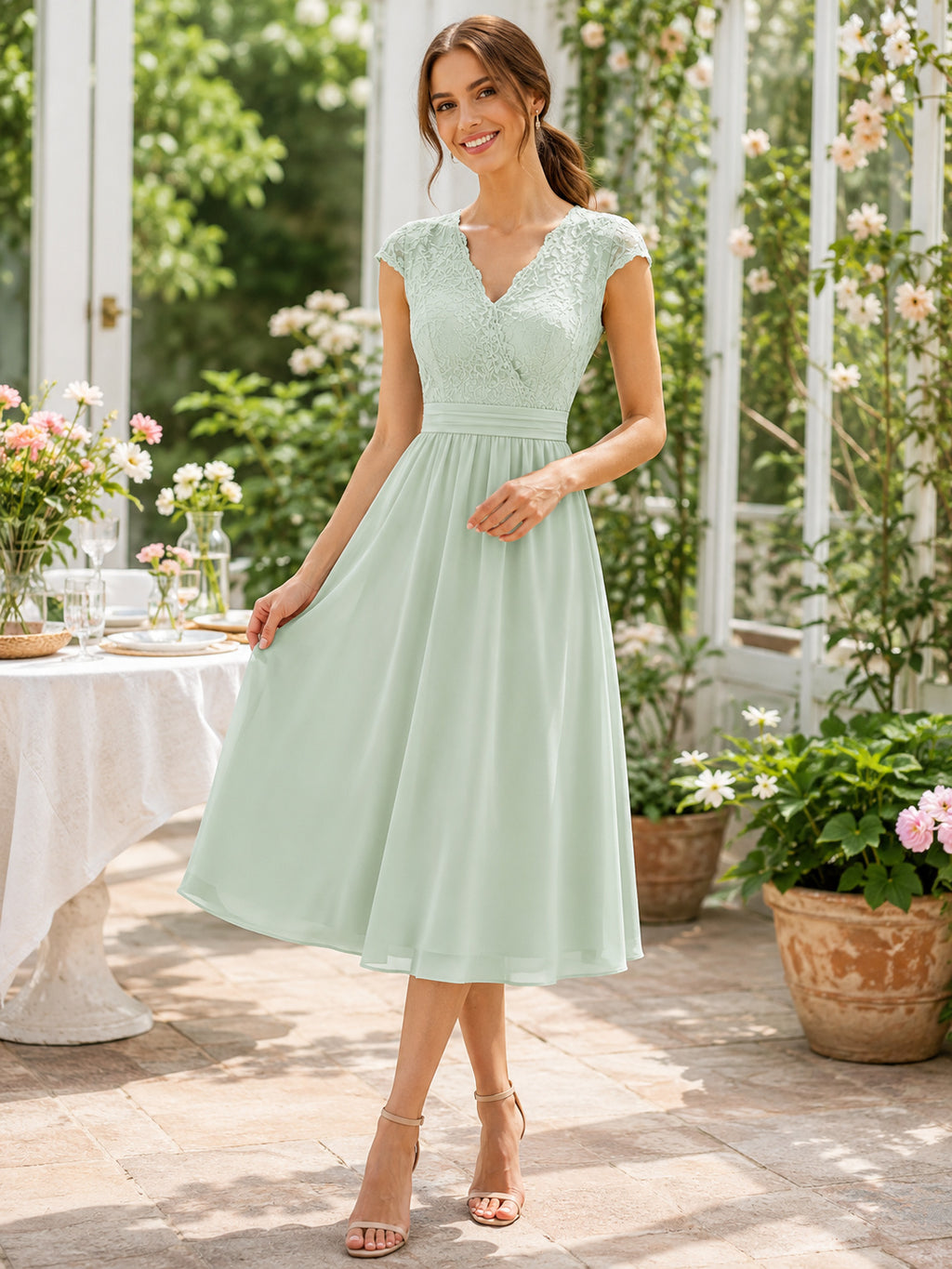 Mint Green Cap Sleeve V Neck A Line Brunch Midi Dress front view