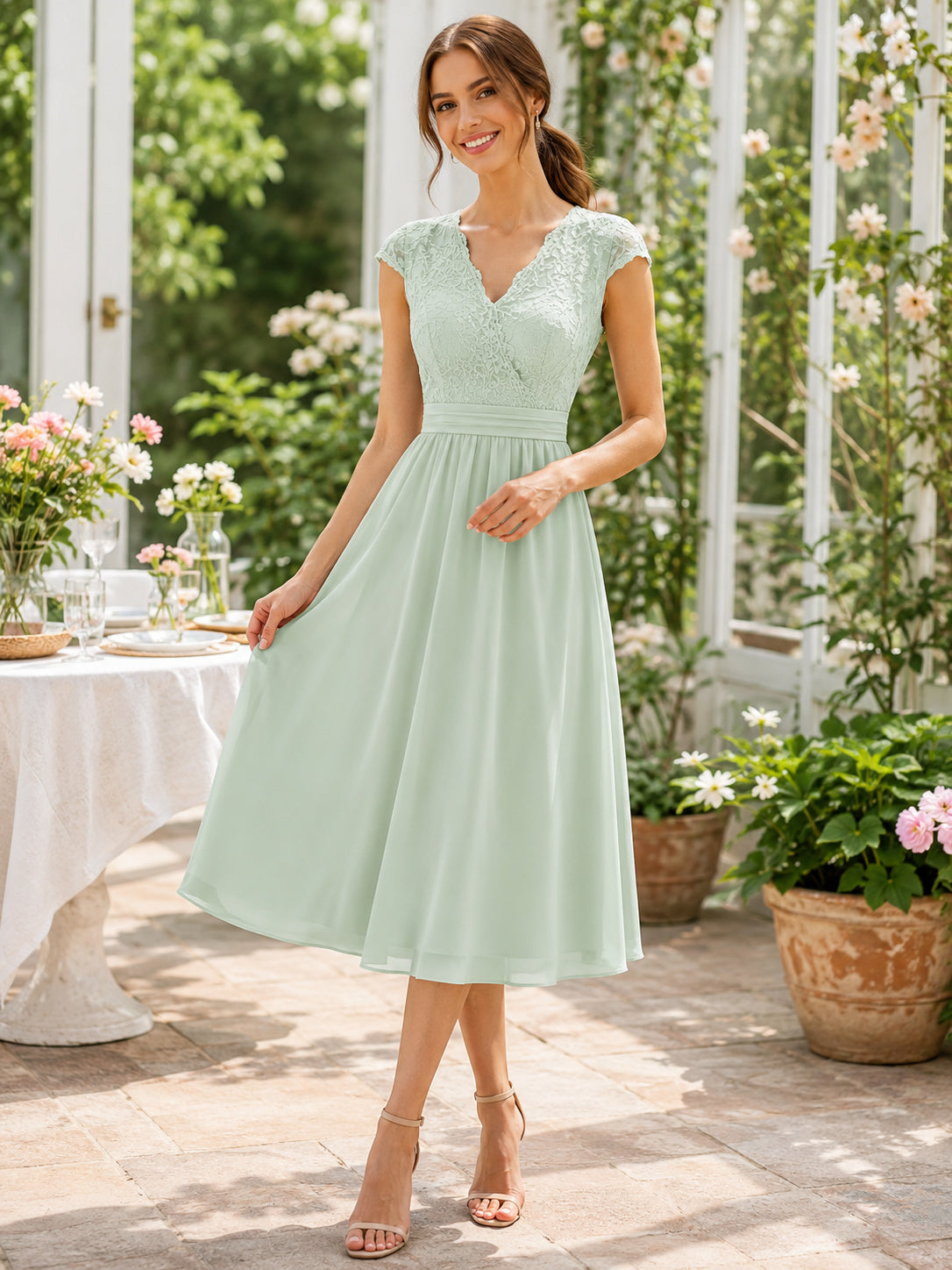 Mint Green Cap Sleeve V Neck A Line Brunch Midi Dress front view