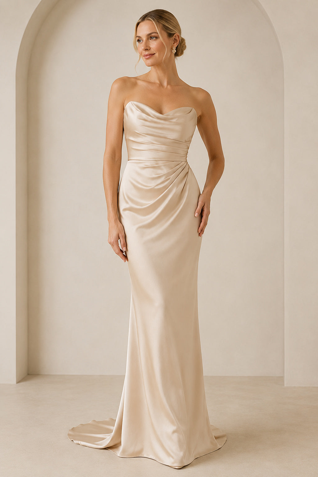 Champagne Strapless Satin Sheath Evening Dress Cowl Neckline for Evening and Formal Events front view