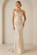 Champagne Strapless Satin Sheath Evening Dress Cowl Neckline for Evening and Formal Events front view