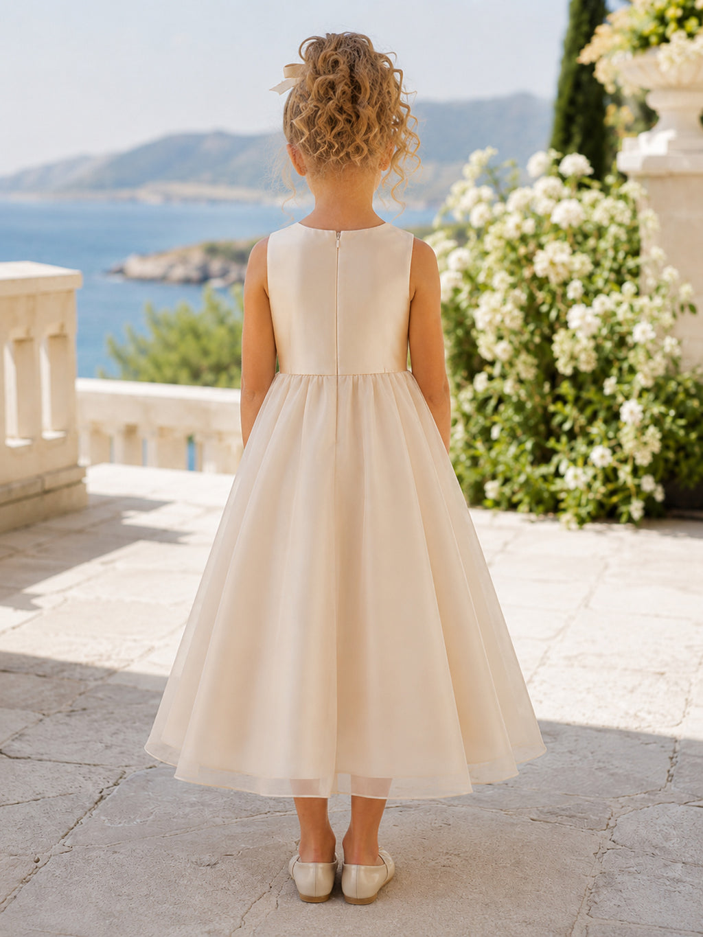 Flower Girl Dress Champagne Satin Tulle A-Line Jewel Neck Tea Length back view