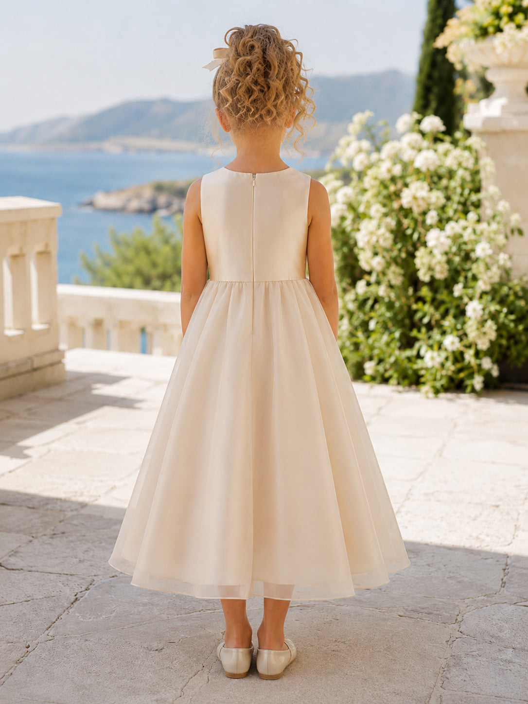 Flower Girl Dress Champagne Satin Tulle A-Line Jewel Neck Tea Length back view