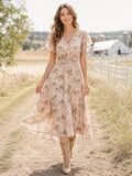 Blush Horse Print V-Neck Short Sleeve Tiered Chiffon Midi Dress front view