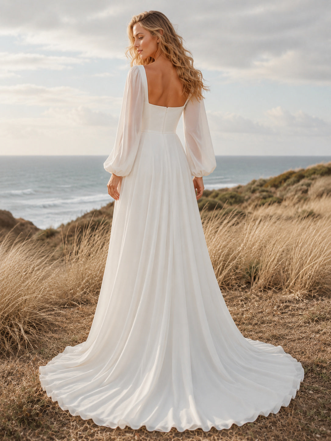 Maternity Bishop Sleeve Coastal Field Elopement A Line Gown back view