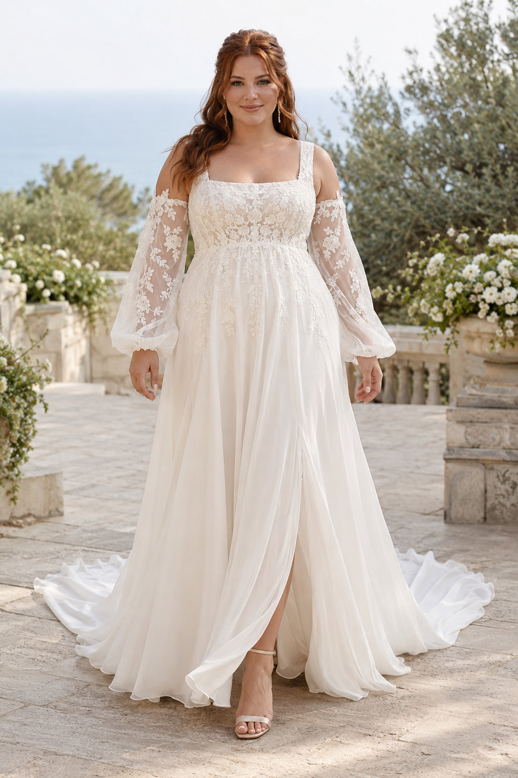 Plus Size Ivory Square Neck Strap Bishop Sleeve Lace Tulle A-Line Wedding Dress with Split Front Skirt and Bishop Sleeves fro