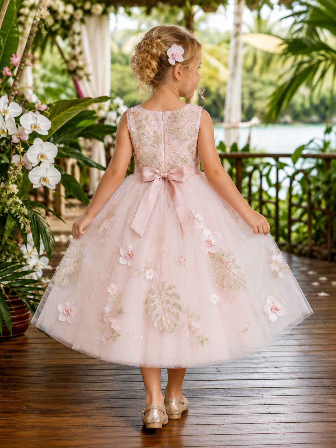 Bohemian Romantic Flower Girl Dress Jewel Neck Sleeveless Blushing Pink Tulle Tea Length Botanical Applique back view