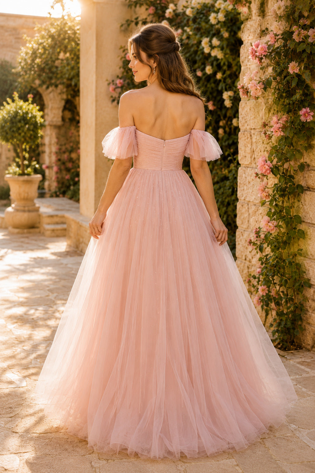 Blushing Pink Off Shoulder Puff Sleeve Floor Length Tulle Skirt Floor Length A-Line Prom Dress back view
