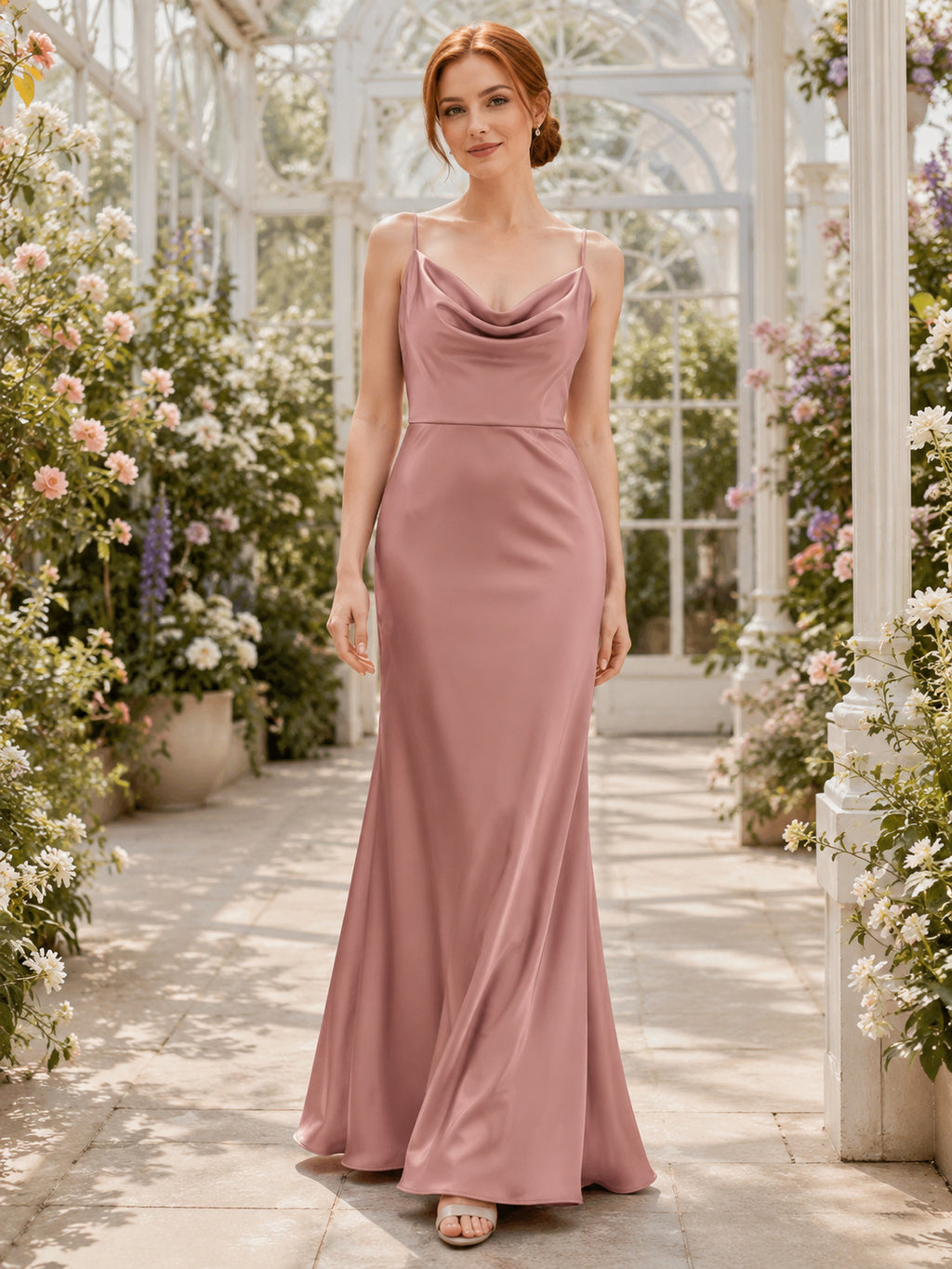 Dusty Rose Garden Sheath Satin Bridesmaid Dress with Sleeveless Cowl Neck Spaghetti Strap Bodice, Ruched Floor-Length Skirt a