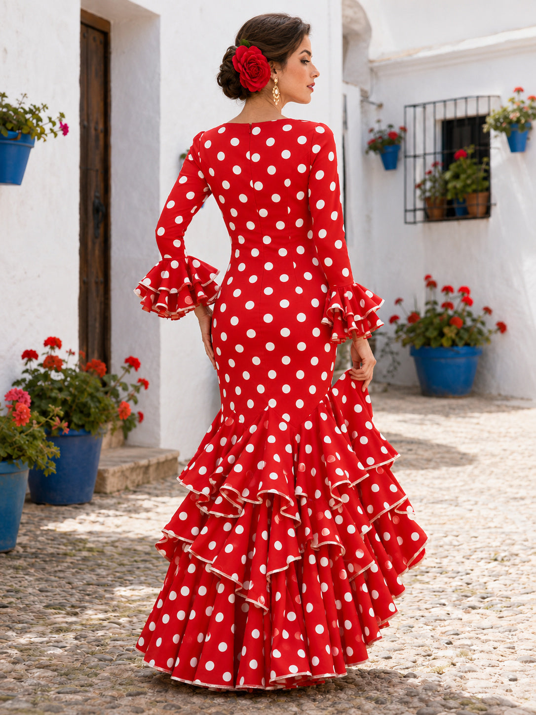 Red White Polka Dot Bateau Long Bell Sleeve Tiered Mermaid Floor Length Flamenco Dress back view