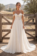 Off the Shoulder A-Line Wedding Dress with Lace Bodice and Simple Flowing Train for Rustic Garden Ceremony front view