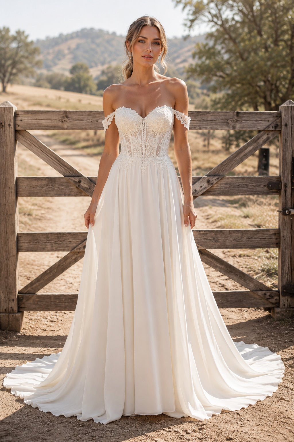 Off the Shoulder A-Line Wedding Dress with Lace Bodice and Simple Flowing Train for Rustic Garden Ceremony front view