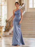Estate Formal Steel Blue Elegant Modern Sheath Satin Bridesmaid Dress with One-Shoulder Sleeveless Floor-Length Draped Open B
