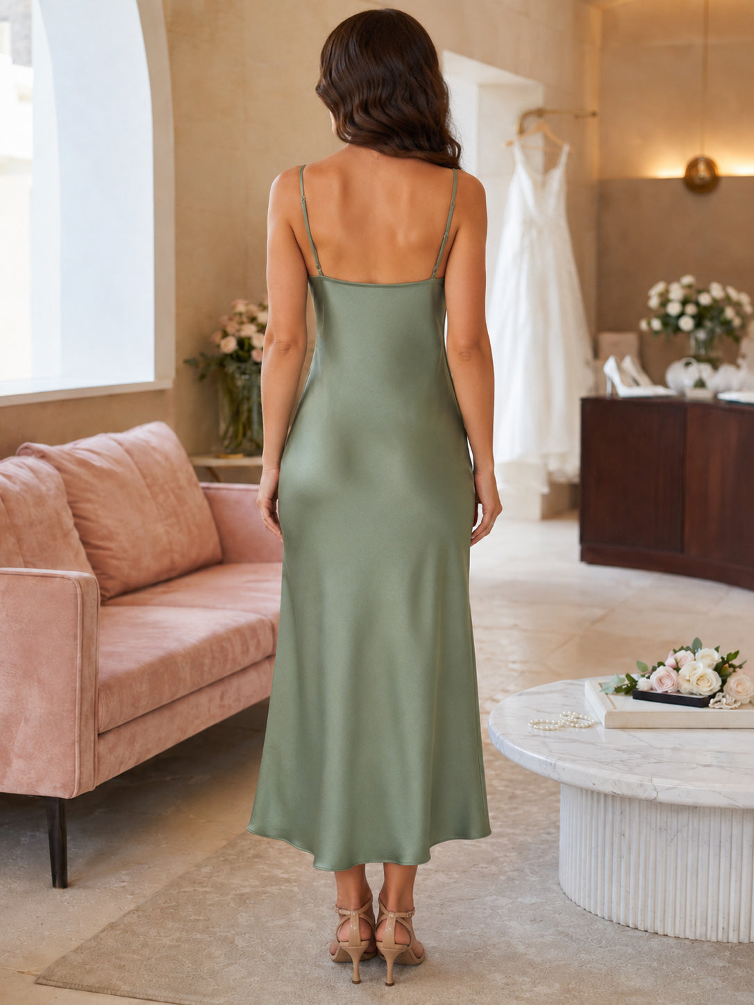 Sage green sweetheart cowl charmeuse midi bridesmaid slip dress back view