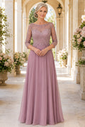 Vintage Mauve Long Sleeve Lace Bodice Mother Dress with Chiffon A-Line Skirt for Evening Reception front view
