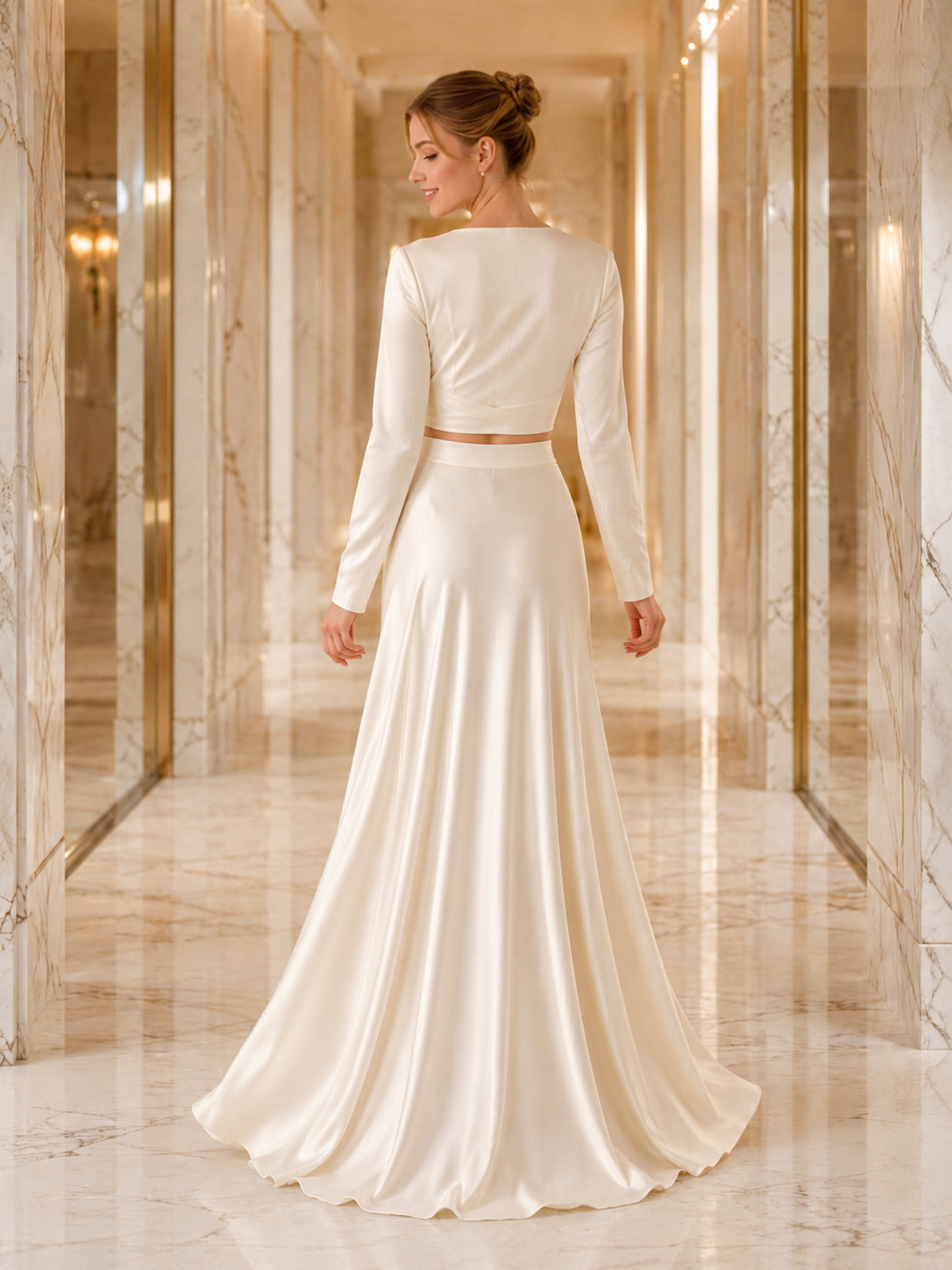 Wrap Top Satin Skirt Two-Piece Civil Bridal Gown back view