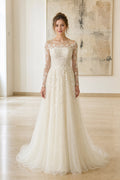 White V-neck Flutter Sleeves A-Line Satin Floor-length Wedding Dress With Beaded Bodice and Pleated Skirt and Open Back