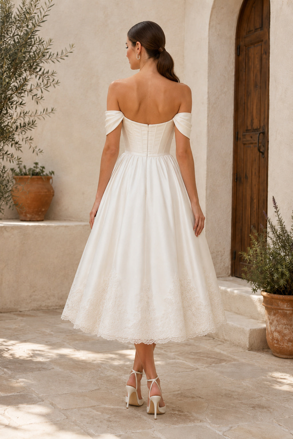 Ivory Off Shoulder Satin Tea Length Wedding Dress for Wedding Reception and Party back view