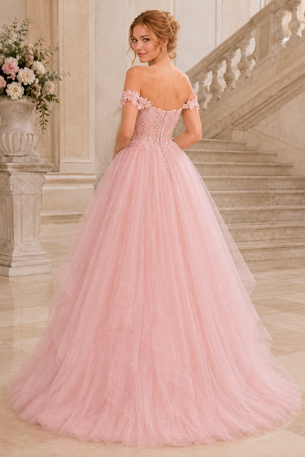 Blushing Pink Off the Shoulder Blush Tulle Ball Gown with Lace Bodice Floor Length Ball Gown Prom Dress back view