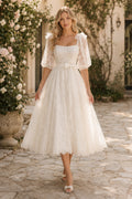 Ivory Square Neck Puff Sleeve Lace Tulle Tea-Length Wedding Dress with Puff Sleeves and Bow Back front view