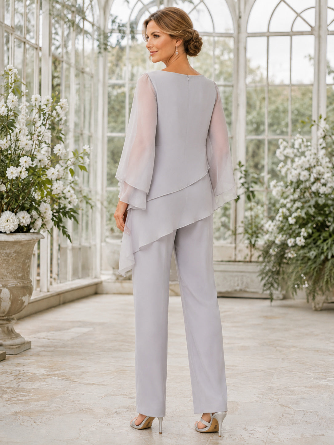Steel Grey Elegant Ankle-Length Straight-Leg Mother of the Bride Crepe Pantsuit with Asymmetric Layered Scoop-Neck Top and Sh