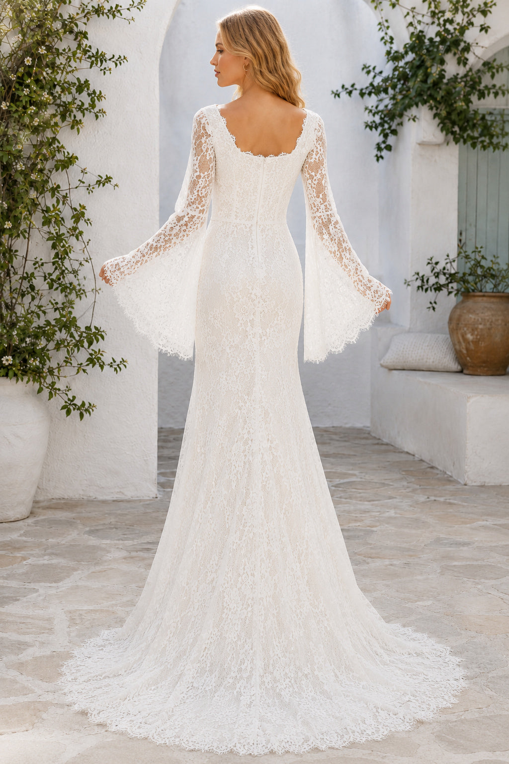 Ivory Bell Sleeve Sheath Lace Wedding Dress with Square Neck and Sweep Train back view
