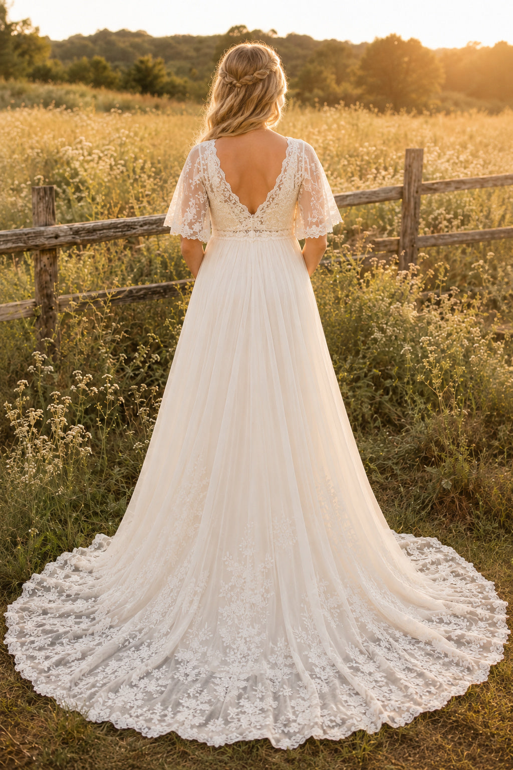 Ivory Plus Size Maternity V-Neck Flutter Sleeve Lace A-Line Wedding Dress with Chapel Train back view