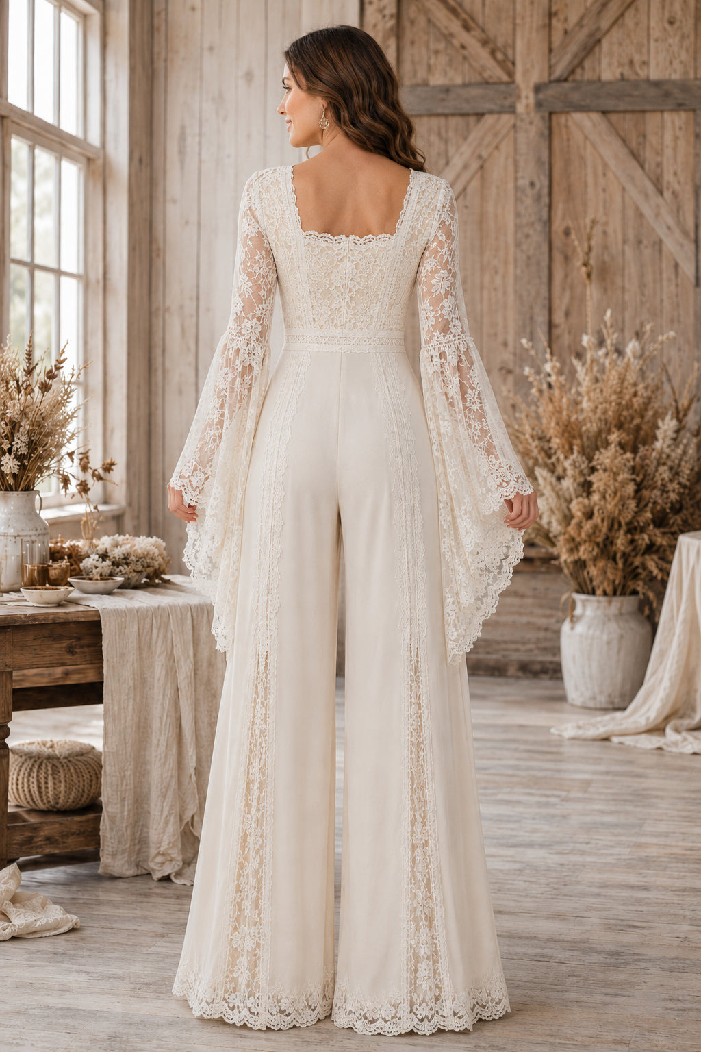 Ivory Square Neck Long Sleeve Lace Bridal Jumpsuit with Wide Legs back view