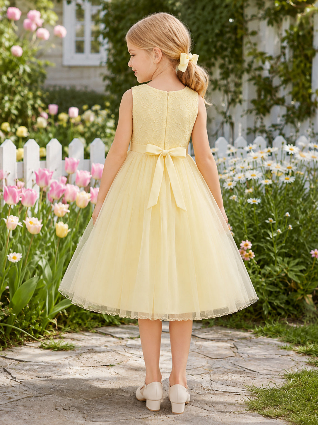 A-Line Spring Garden Flower Girl Dress with Sleeveless Bodice, Light Flared Skirt, Tea-Length Hem, Natural Waist, Spring Gard