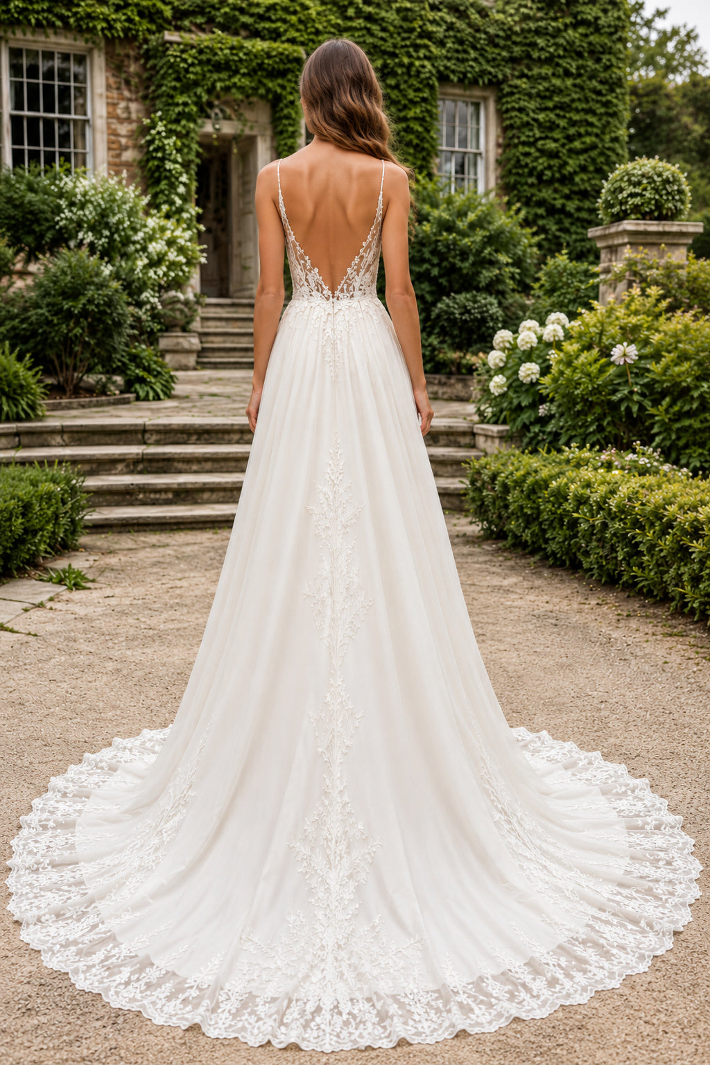 Ivory Spaghetti Strap Lace A-Line Wedding Dress with Deep V-Neck and Chapel Train back view