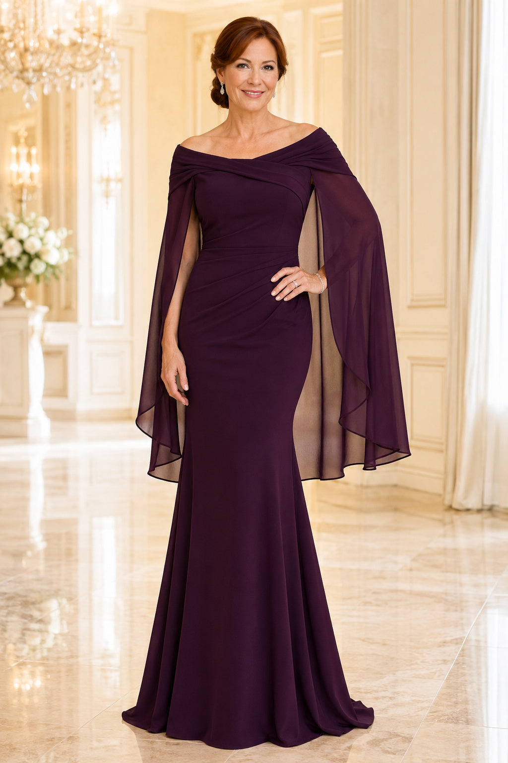 Plum Off the Shoulder Mermaid Mother Dress with Chiffon Cape Sleeves and Sweep Hem front view