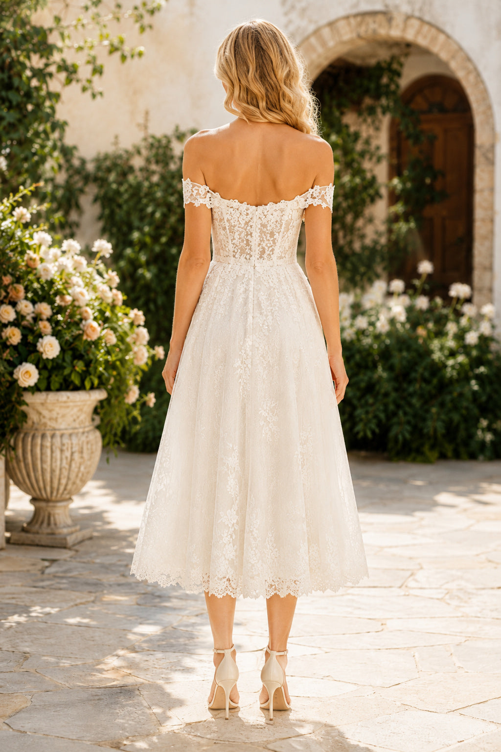 Ivory Off-the-Shoulder Sweetheart Cap Sleeve Lace Tulle Tea-Length Wedding Dress with Off-Shoulder Lace Bodice and Midi Skirt