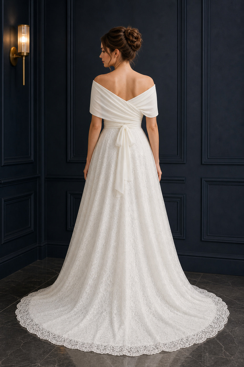 Ivory Off-the-Shoulder A-Line Lace Wedding Dress With Draped Bodice