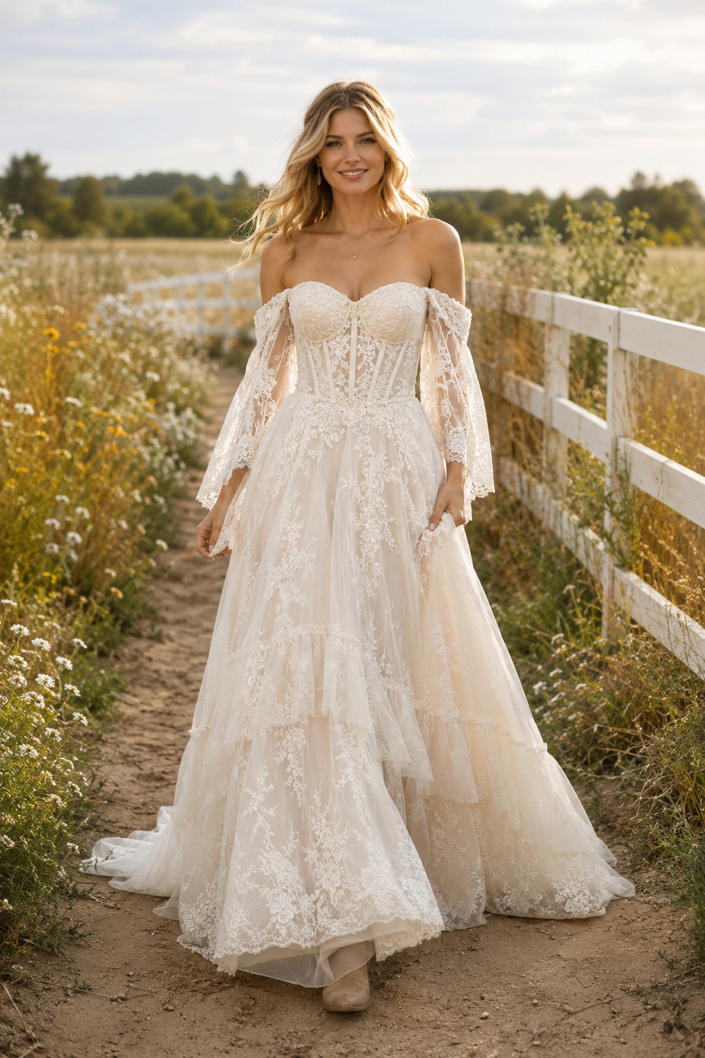 Ivory Off-the-Shoulder Lace Corset A-Line Wedding Dress with Detachable Sleeves and Train front view